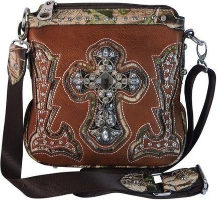 Camo Trim ve Rhinestone Çapraz Çanta ile Batı Çapraz Vücut Çanta Faux Deri Çanta